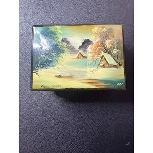 Vintage Russian Mother of Pearl Lacquer Box Hand Painted Winter Landscape Signed